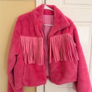 Pink Faux Fur Fringe Jacket Western Cowgirl Statement Coat